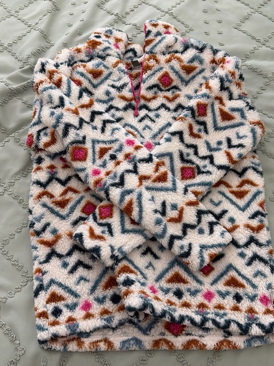 Eddie Bauer Jackets & Blazers - Eddie Bauer Cream Fleece Pullover with Pink, Brown & Blue Geometric Print